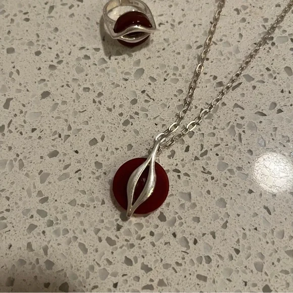 Vintage .925 Ring & Necklace set w/ Carnelian reminds me of Cartier *marked - Picture 8 of 13